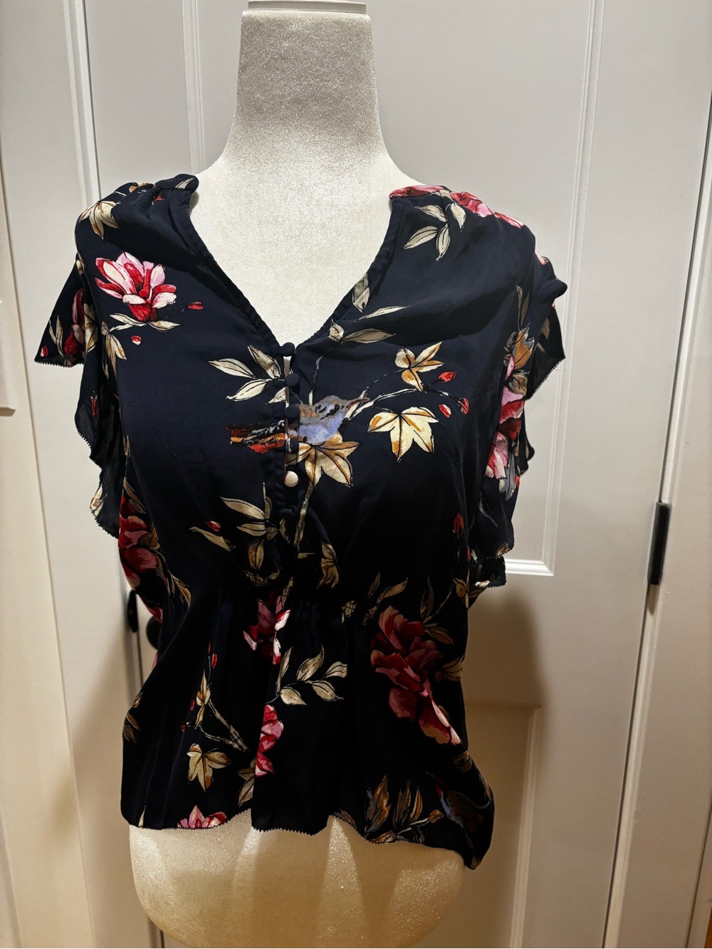 Women's Navy Silk Floral V-Neck Ruffle Sleeve Top